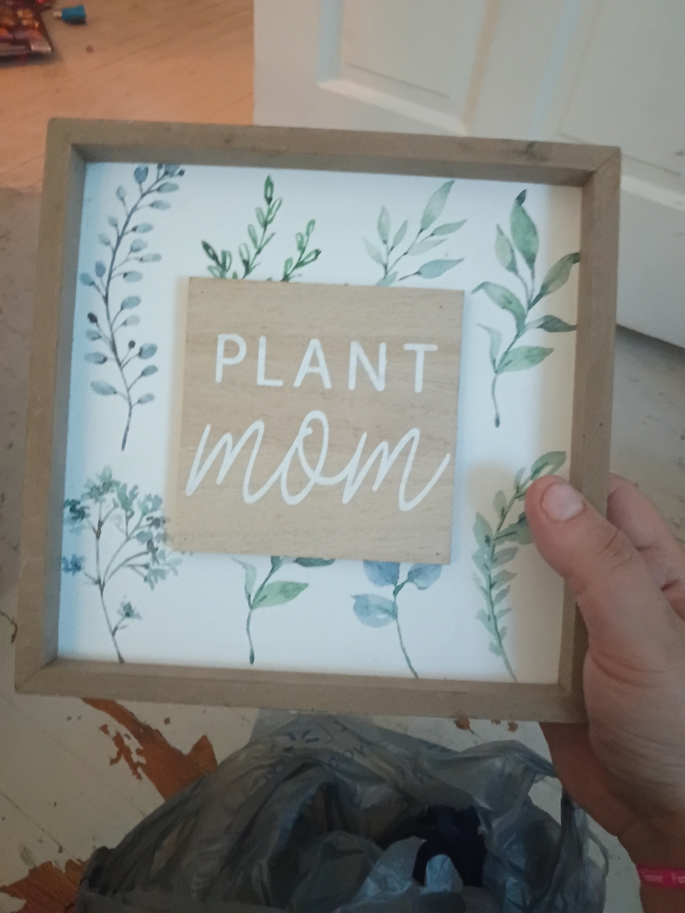 Plant Mom Framed Wall Sign in Green and Natural Wood
